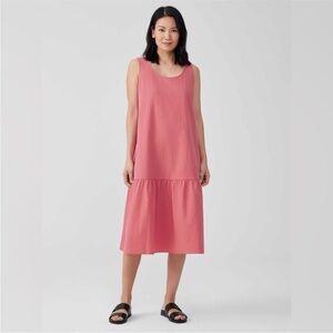 Eileen Fisher Midi Dress Organic Cotton Pucker puckered Tiered Watermelon Pink M
